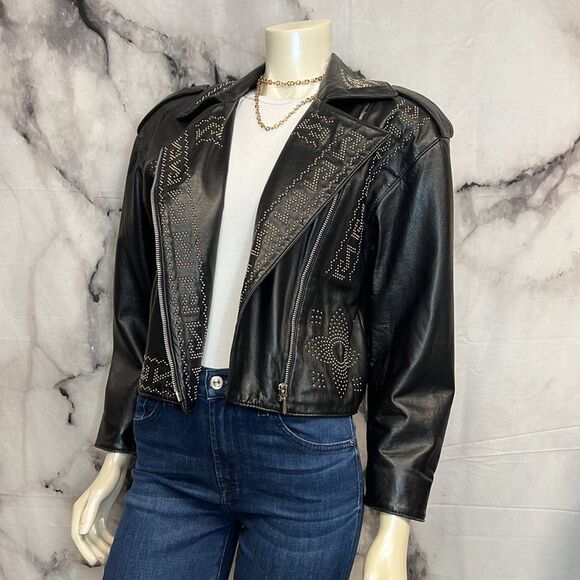 Begedor Black leather jacket with silver gold stud design detail made in Italy